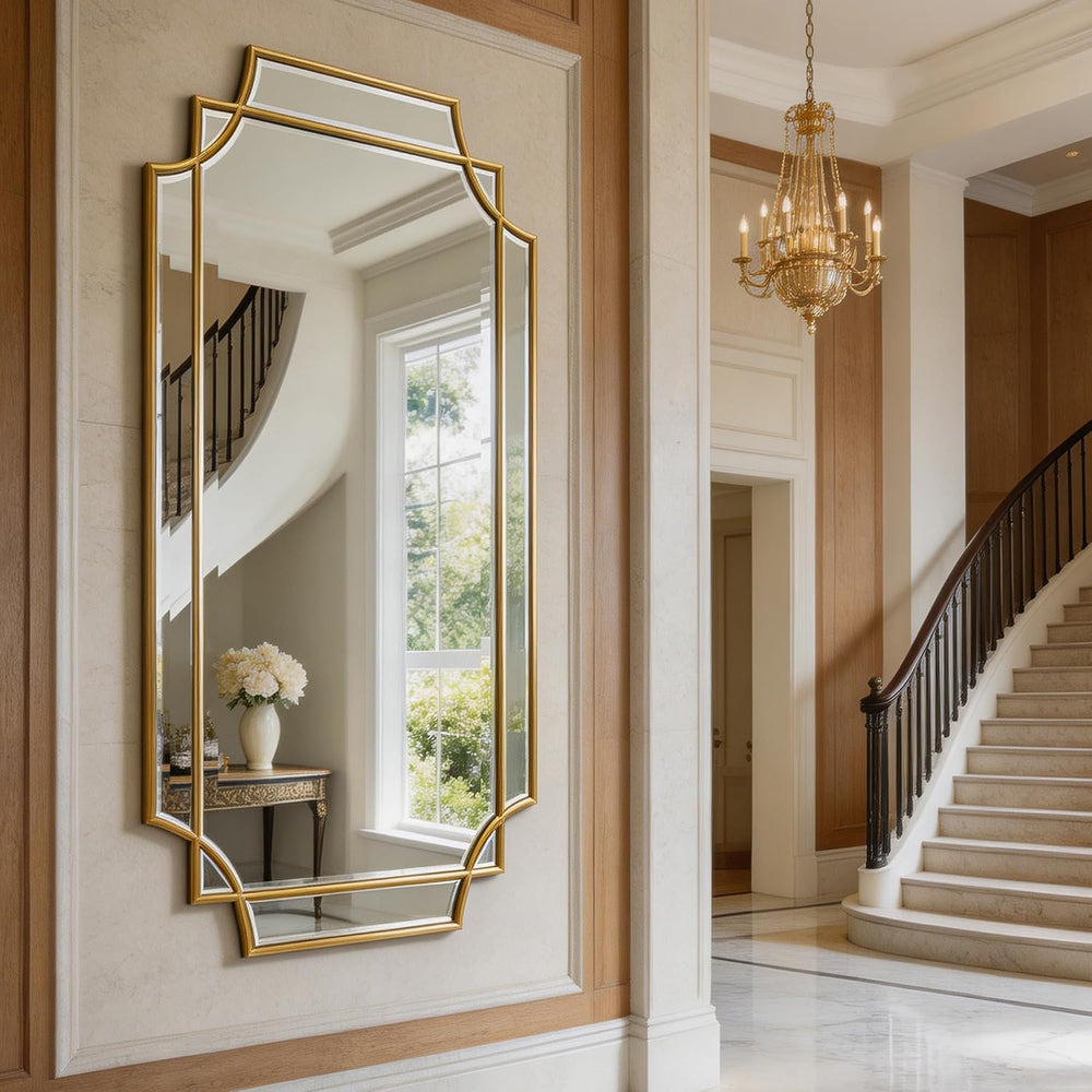 59"x30" Large Rectangle Beveled Mirror with Gold Geometric Frame