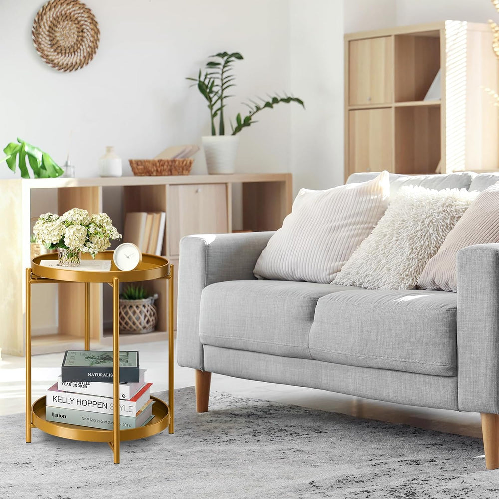 danpinera 2 Tier End Table, Metal Round Side Table with Removable Tray