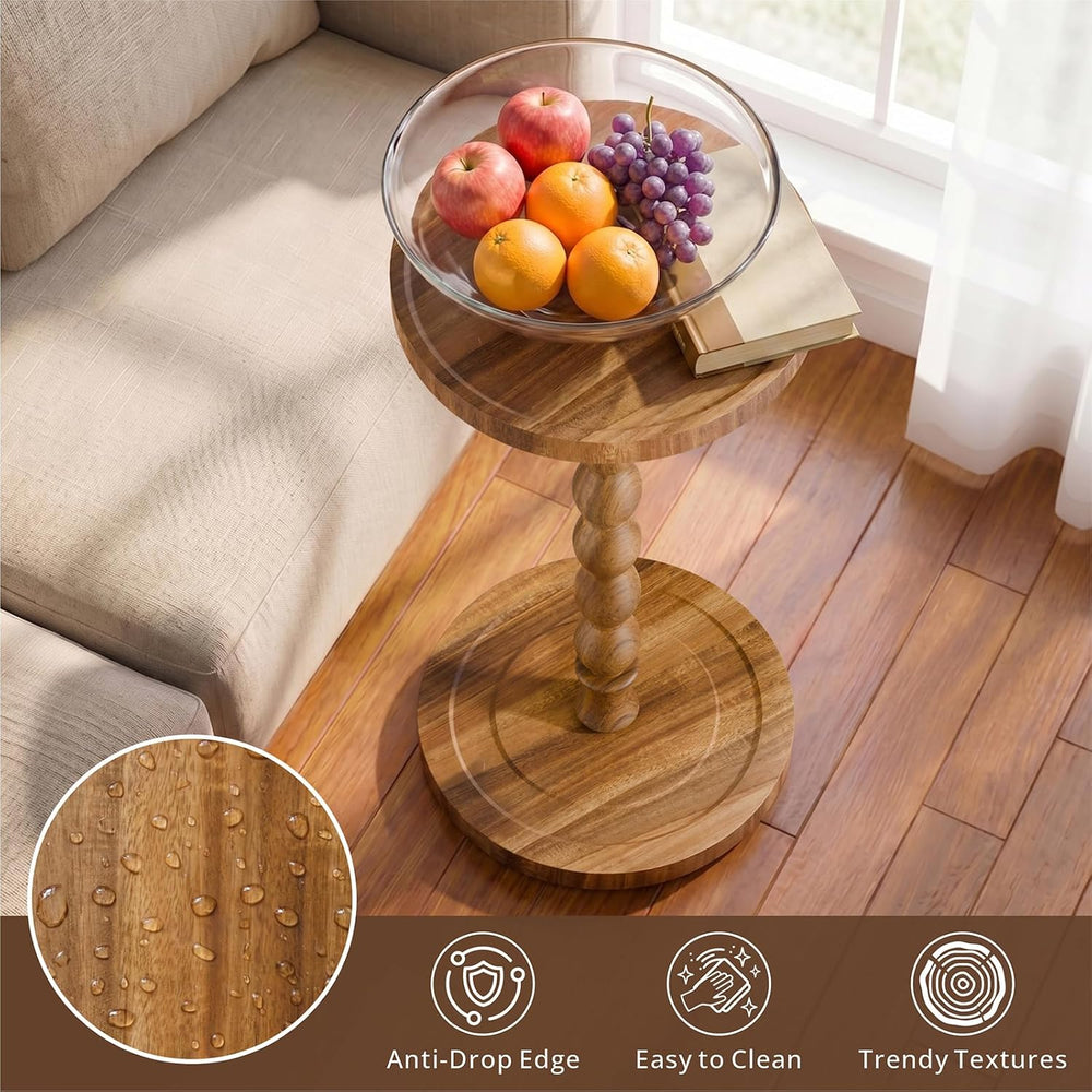 Small Round Side Table, Acacia Wood Drink Table for Small Spaces