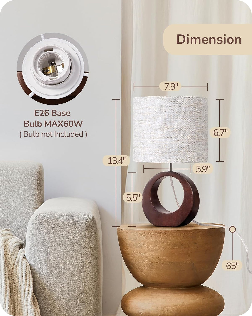 EDISHINE 13.4" Small Wood Table Lamp, ON-Off Switch, E26 Base, Bedroom