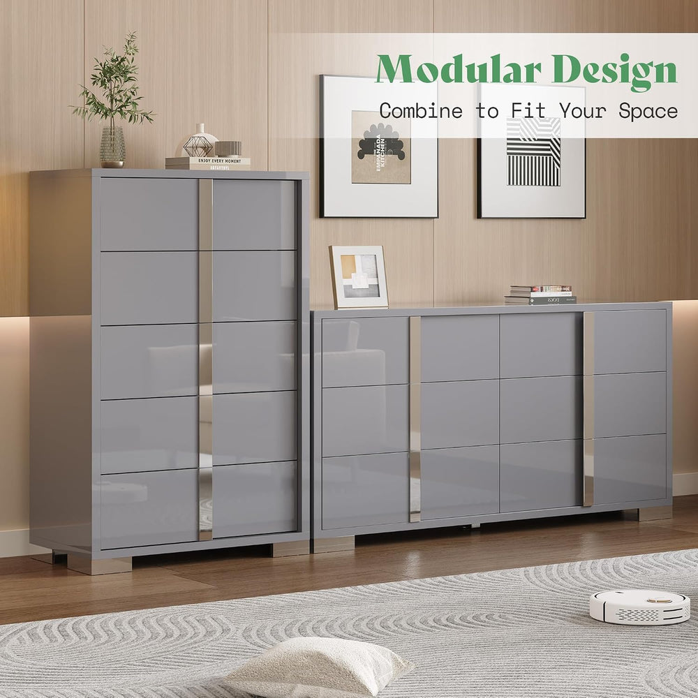 AMERLIFE 4-Piece Bedroom Dresser Set with Storage, High Gloss, Grey