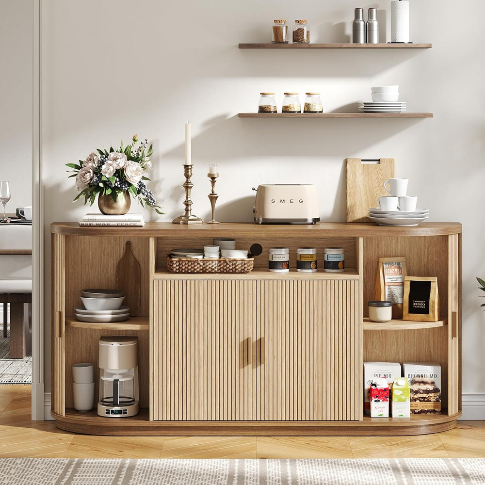 ONBRILL 63"Sideboard Buffet Cabinet with Storage,Modern Fluted Credenza,Oak
