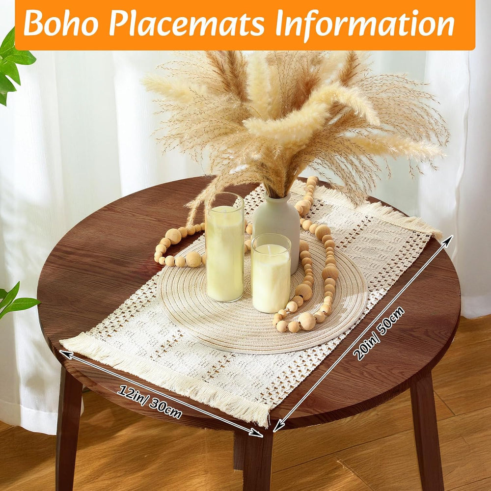 12 Sets Boho Table Runner and Woven Round Placemats Set, White, 12x72
