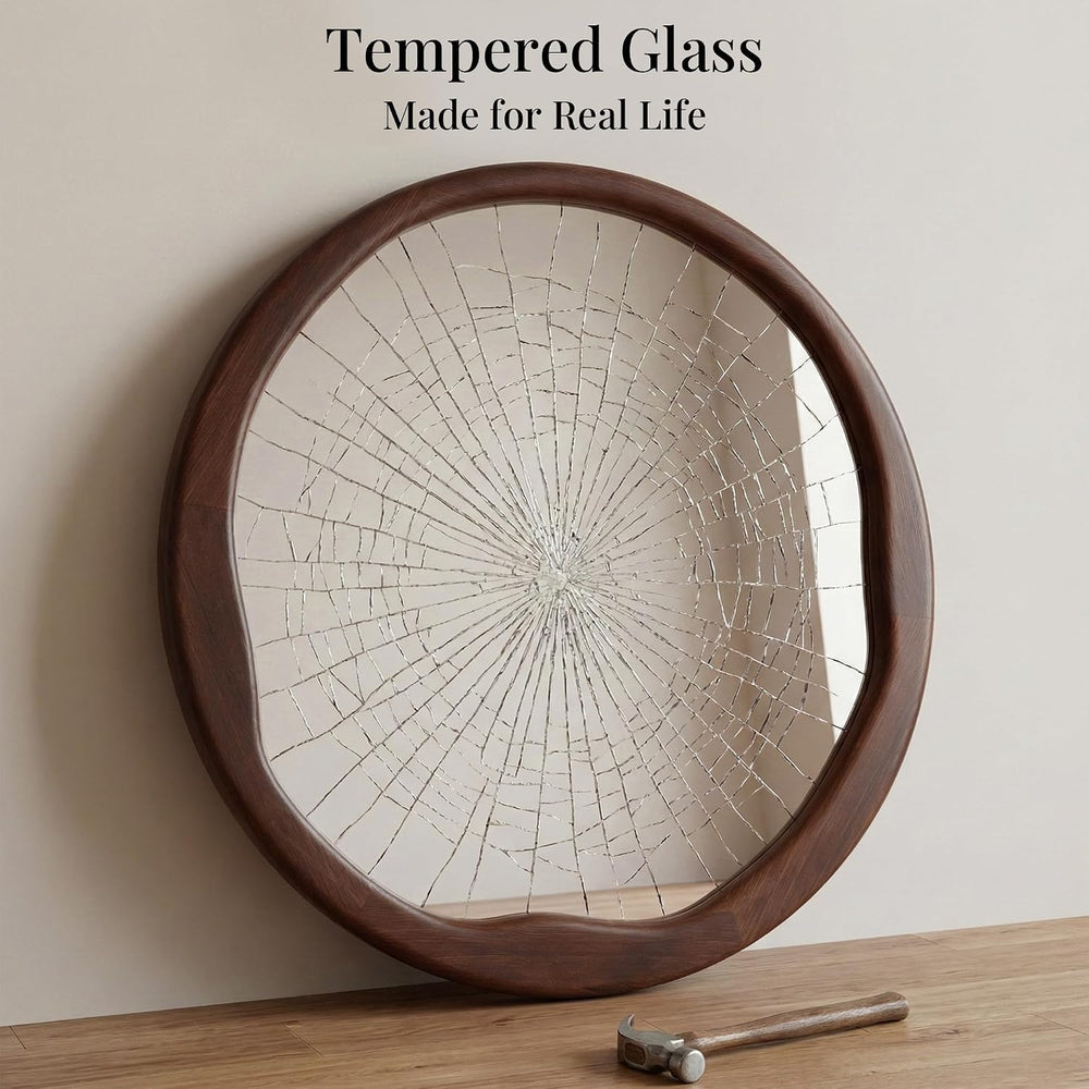 Dark Walnut 24 Inch Round Wood Wall Mirror, Asymmetrical Inner Edge