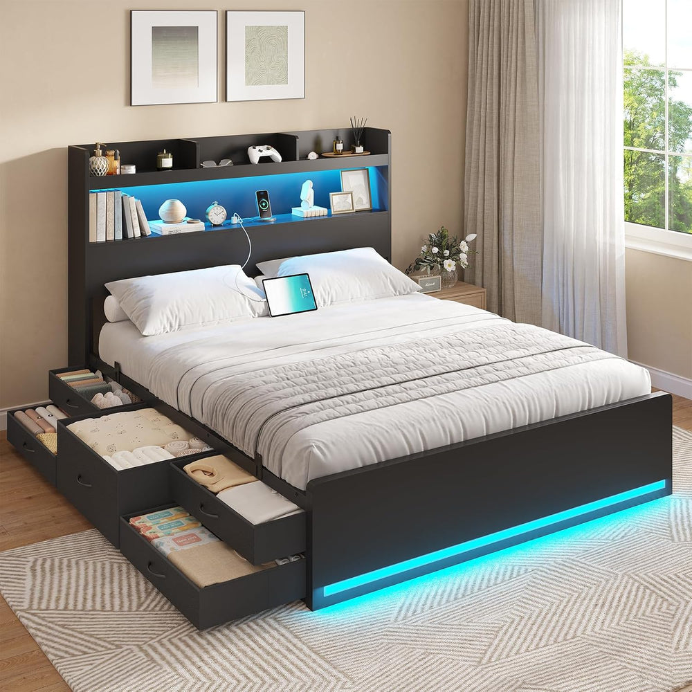DICTAC Full Bed Frame with Storage Headboard & 5 Drawers, LED Bed Frame F...