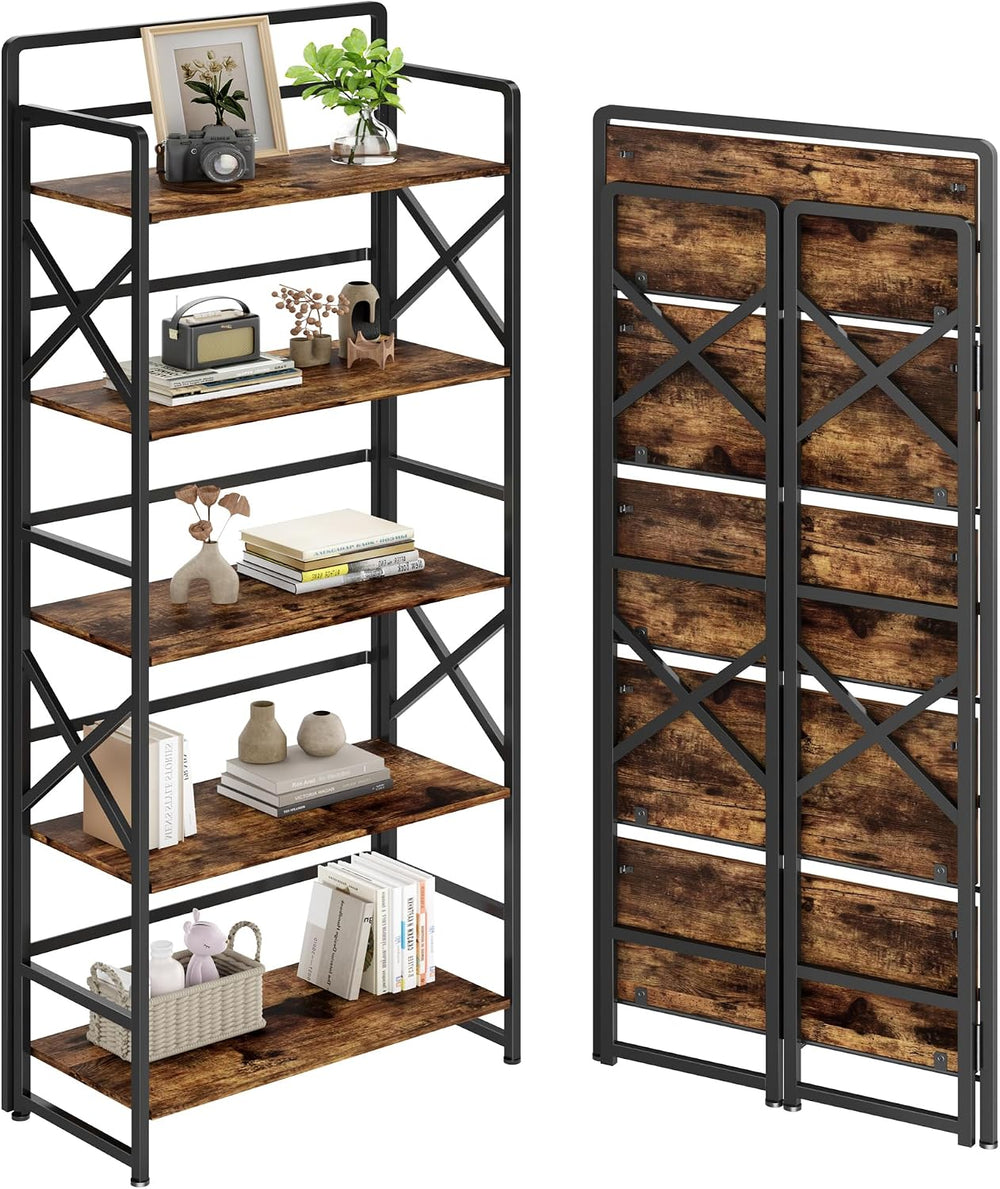 Folding Bookshelf 5 Tiers,No Assembly,55.3''H Metal Storage,Rustic Brown