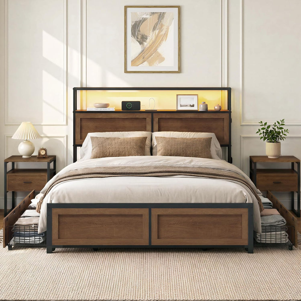 KISLOT 3PCS Bedroom Set with Storage, Industrial Bed Frame, Walnut, Queen