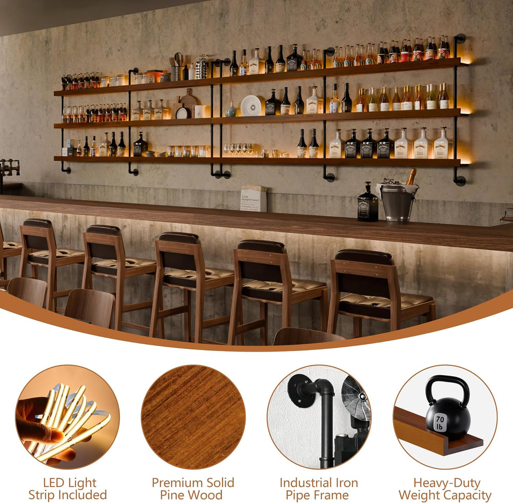 Bar Shelves, Wall Mounted Wine Rack, Walnut Brown, 72 Inch