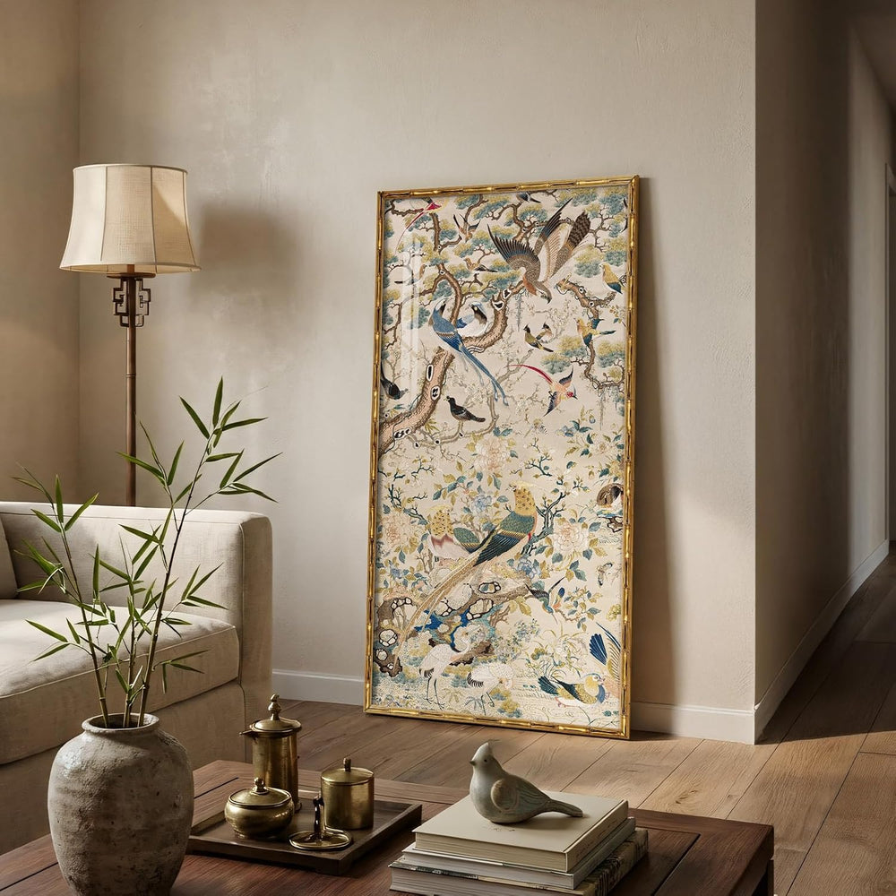 Vintage Gold Framed Chinoiserie Vertical Wall Art for Living Room, 20x40 In