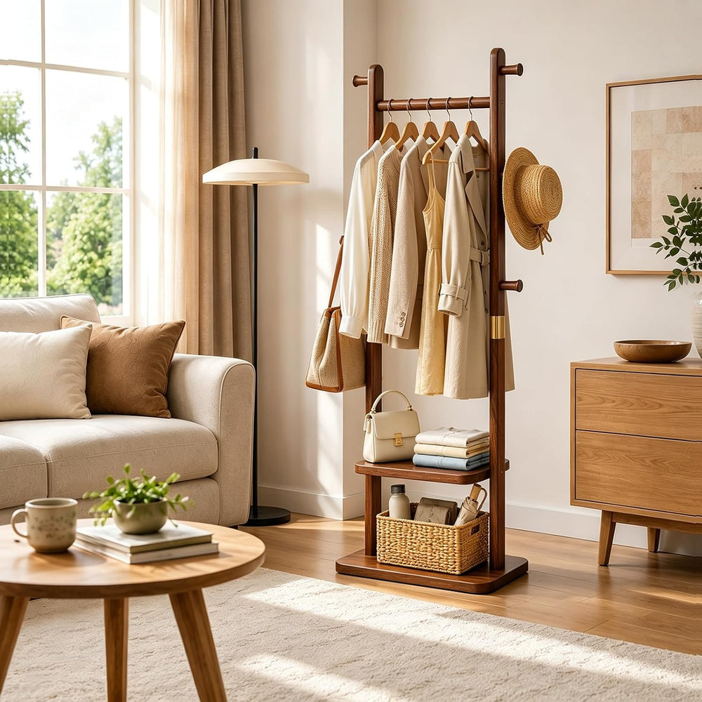 Taitiy Solid Wood Coat Rack Freestanding Clothes Rack 5 Hooks 2 Shelves