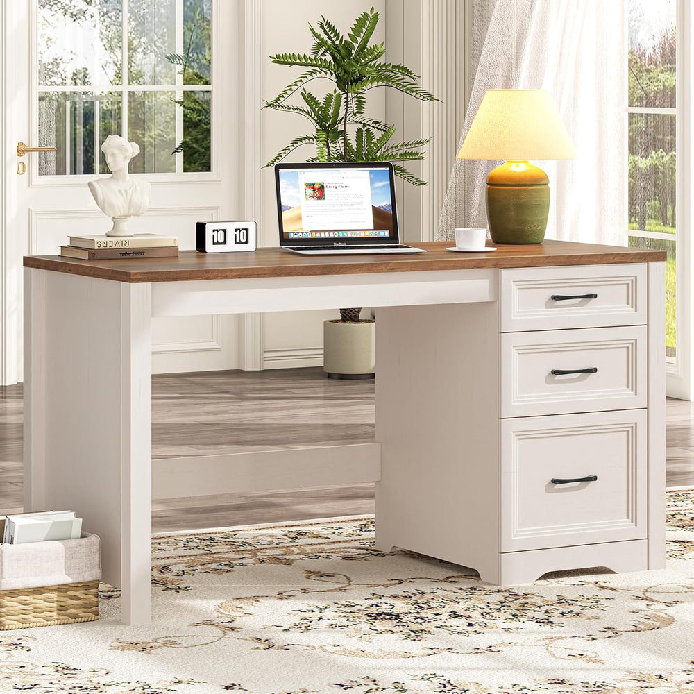 Vabches 55" Wooden Executive Desk with 3 Drawers, Farmhouse Computer Des...