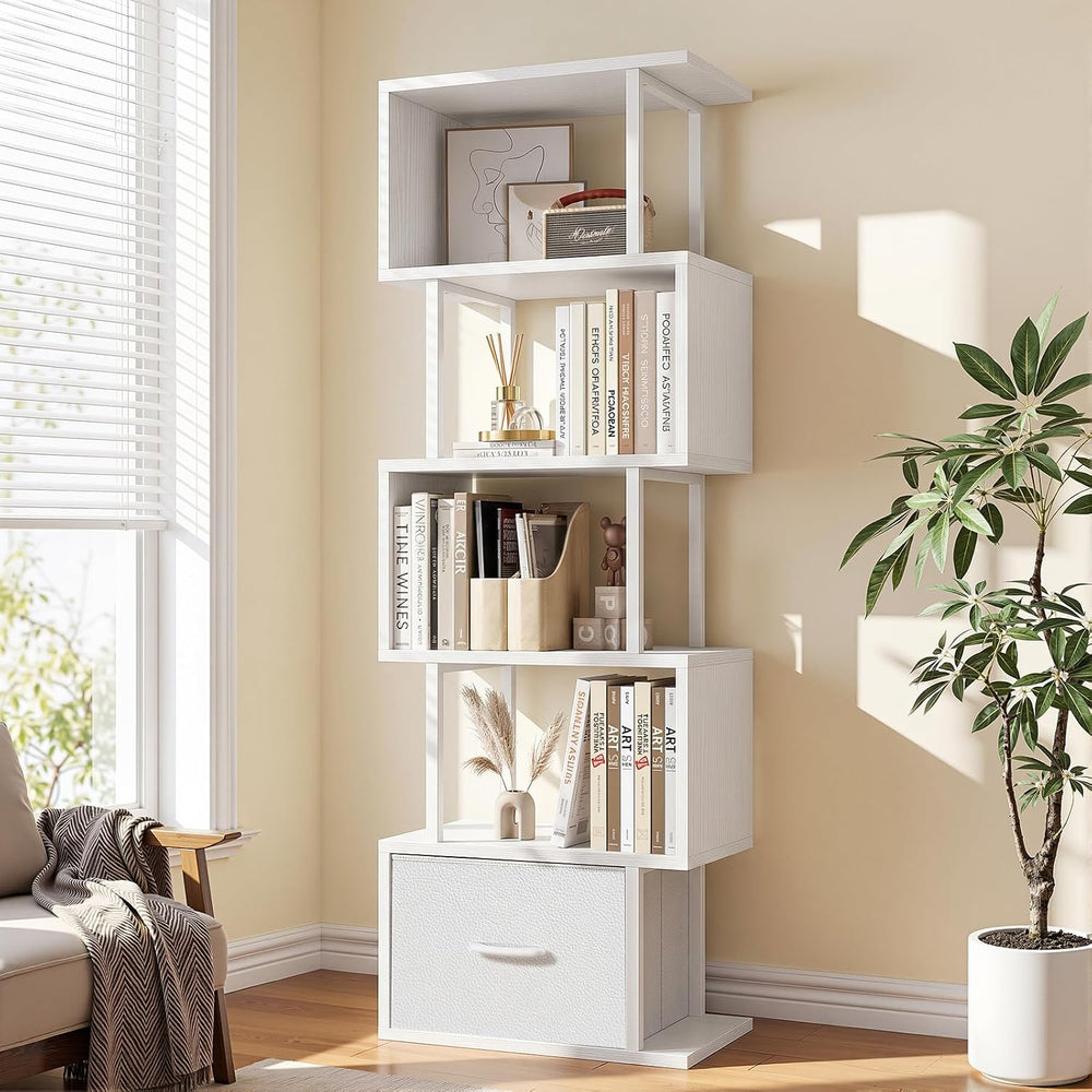 Housolution 6 Tier 57.5" Tall S Shaped Geometric Bookshelf, White