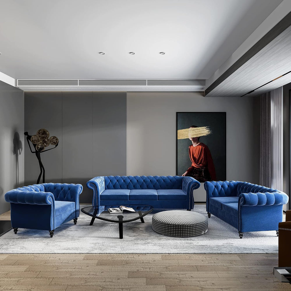 3 Piece Living Room Set, Chesterfield Velvet Sofa Loveseat Couch Chair with S...