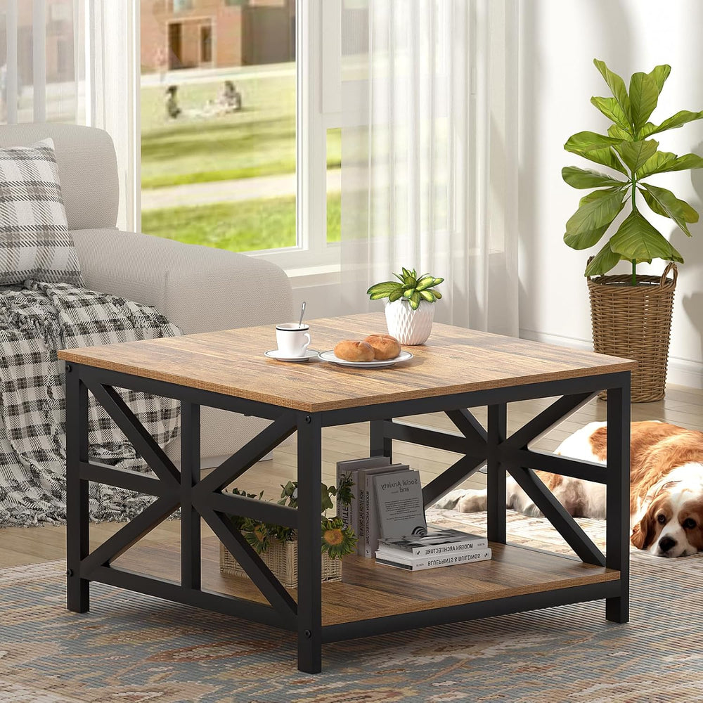 GreenForest 27.55 Inch Square Coffee Table with 2 Tier Storage