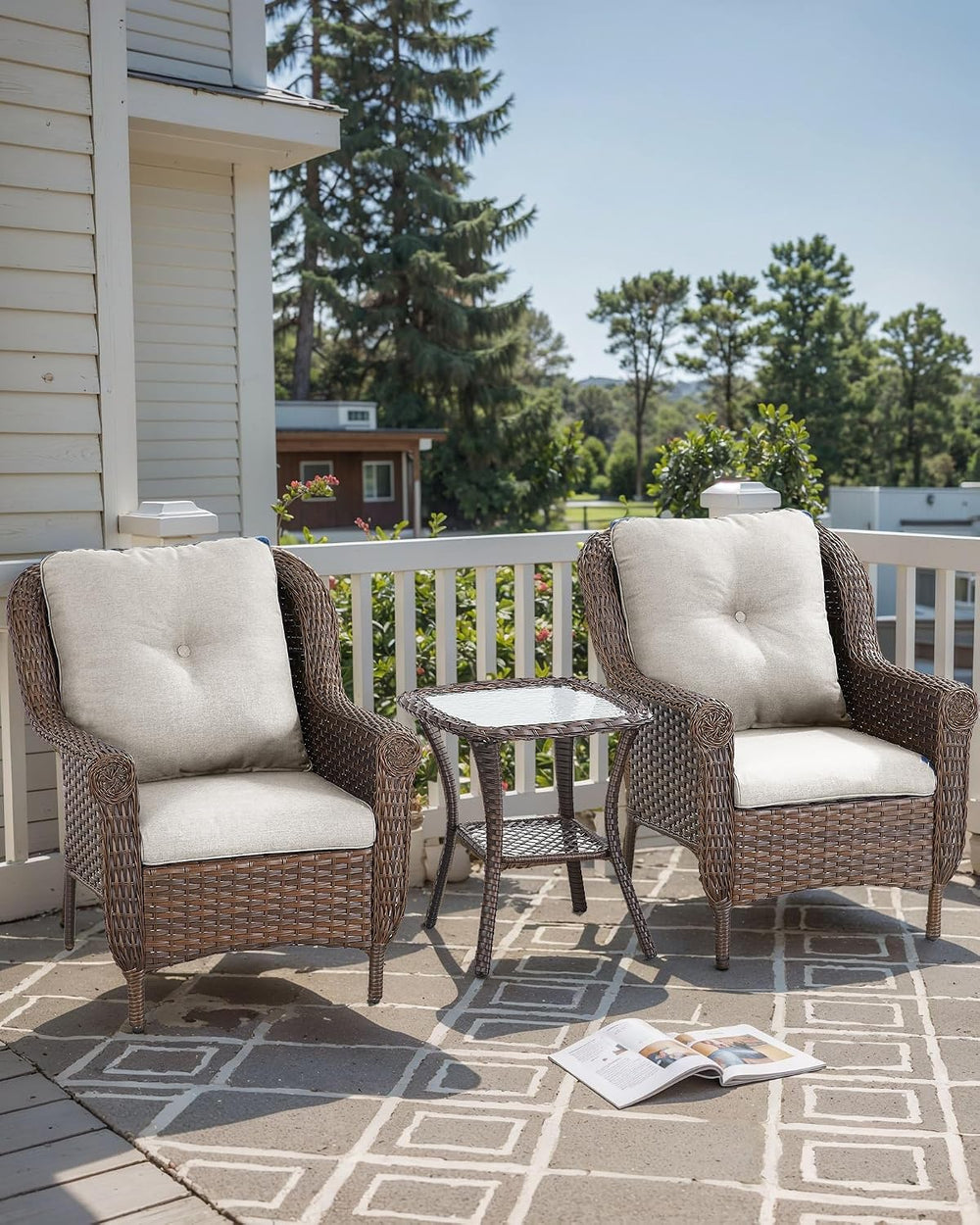 3 Piece Patio Brown Wicker Chairs with Side Table - Outdoor High Back Heavy D...