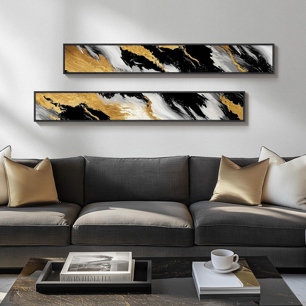 Framed Black White Gold Abstract Vertical Wall Art for Entryway, 2 Piece