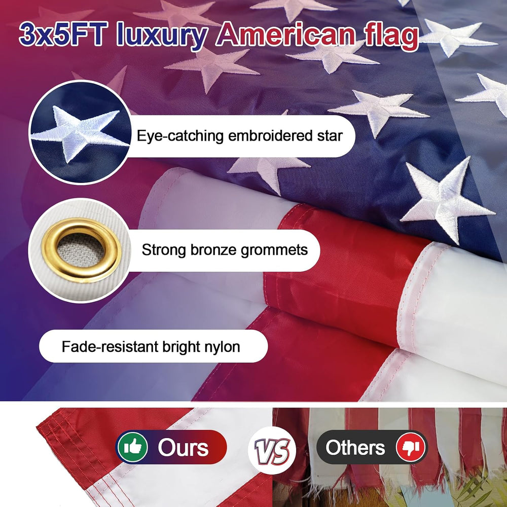 Ground Flag Pole Kit, 9.5 ft Adjustable, Stable 3-Prong Stake, 3x5 US Flag