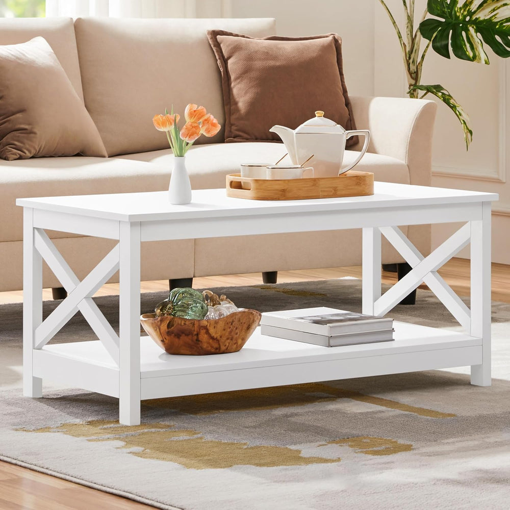 Yaheetech White Coffee Table for Living Room, X-Design Storage Shelf, 39.5"