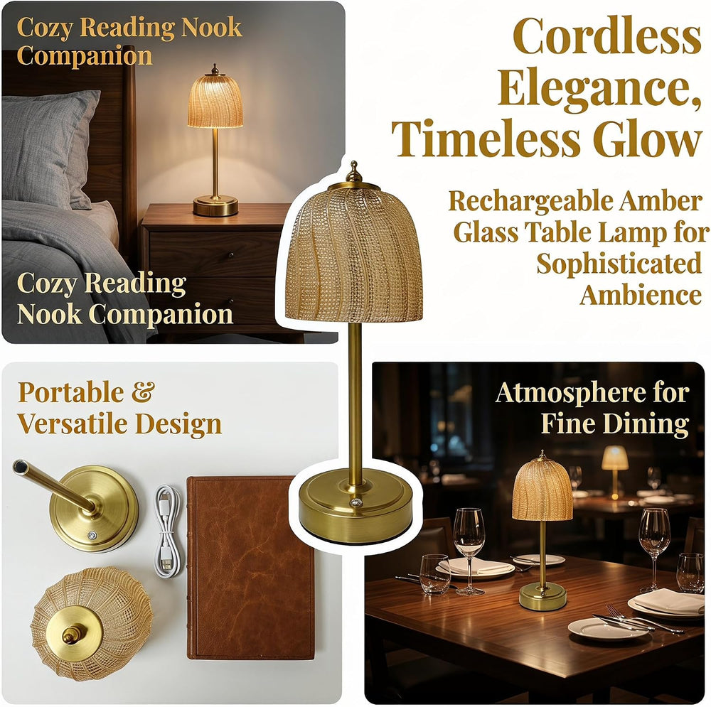Cordless Glass Table Lamp, Rechargeable Amber Bedside Lamp