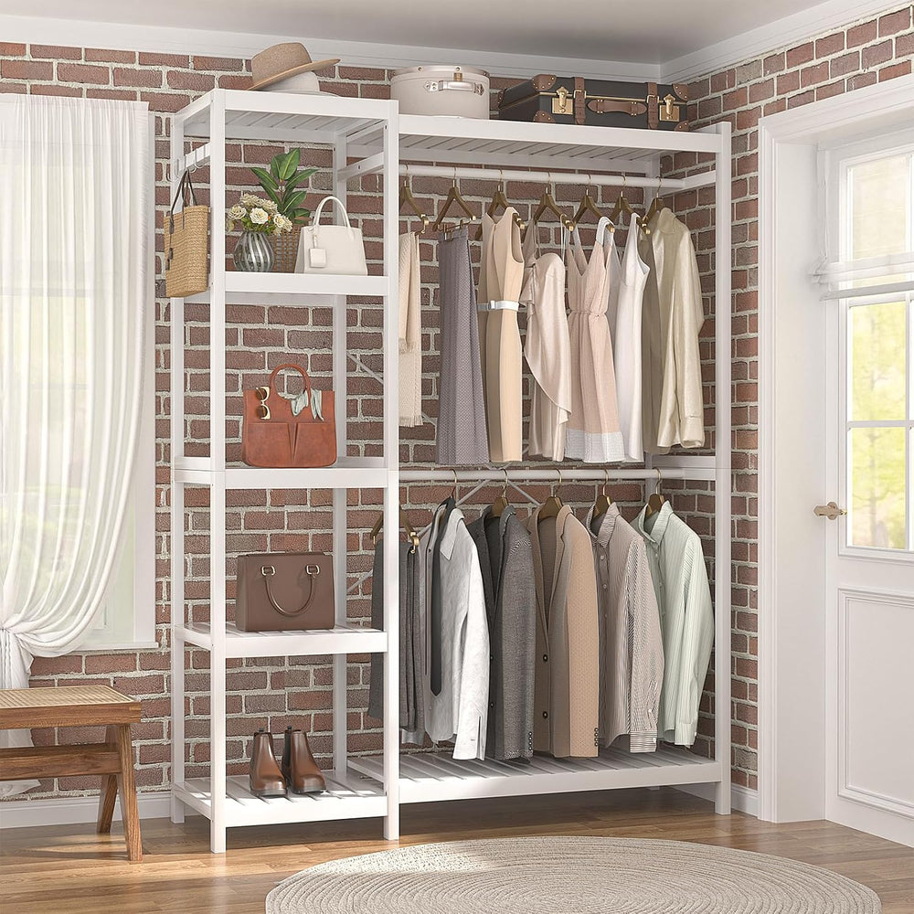 Homykic Bamboo Clothing Rack with 7 Adjustable Shelves, 2 Hang Rods, White