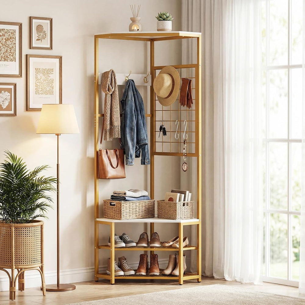 GOFLAME Corner Hall Tree, Freestanding Coat Rack Stand with Storage Shelves, ...