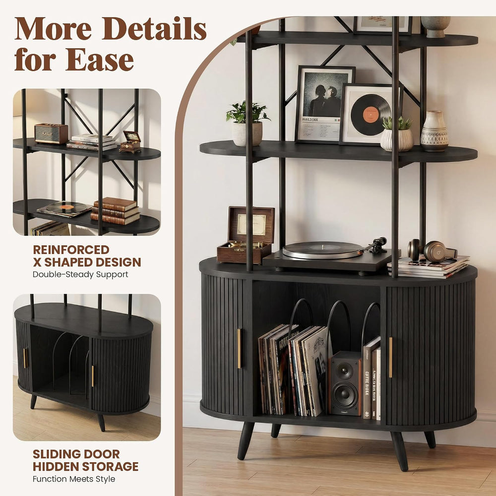 Tall Vinyl Record Player Stand with Sliding Doors, 4 Tier Shelf, Walnut