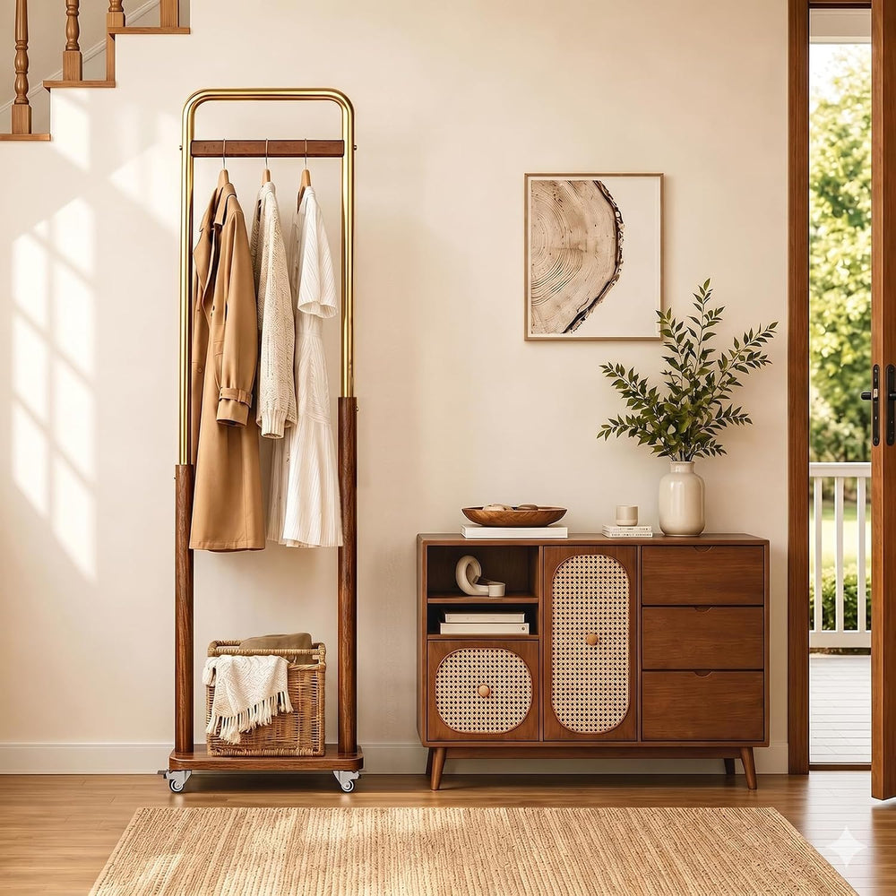 Taitiy Solid Wood Coat Rack with Wheels, Freestanding for Entryway