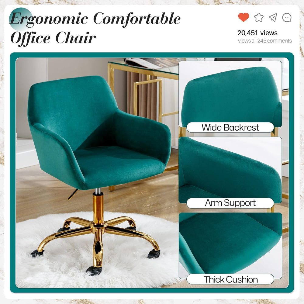Office Velvet Faux Fur Vanity Desk Chair with Golden Base, Green