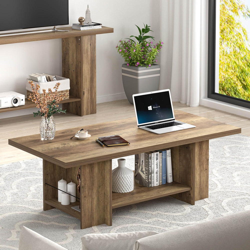 FOLUBAN Wood Coffee Table, Modern Center Table for Living Room with Bottom St...