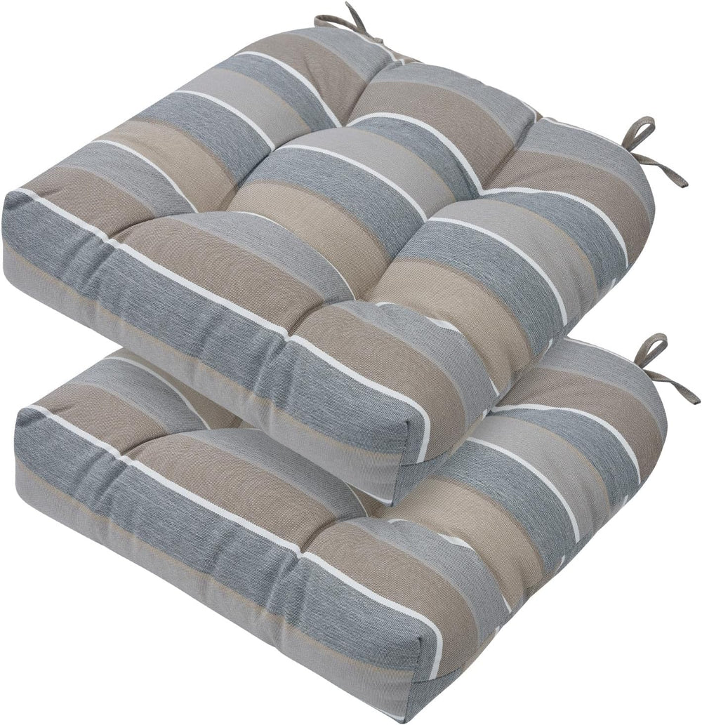Indoor/Outdoor Tufted Seat Cushions Set of 2, 19x19x5 Inch-Grey Stripe