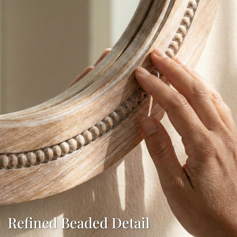 Solid Wood 36 Inch Round Beaded Wall Decor Mirror, Natural Wood