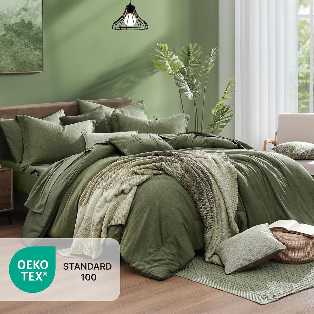 Monbix Queen Comforter Set Olive Green 7 Pieces Bed in a Bag