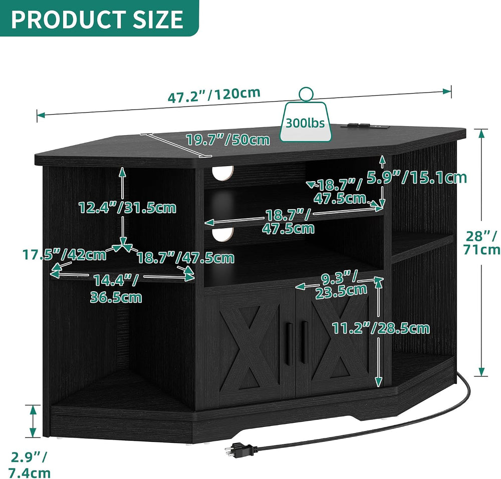 YITAHOME Corner Farmhouse TV Stand with Power Outlets, Living Room, Black