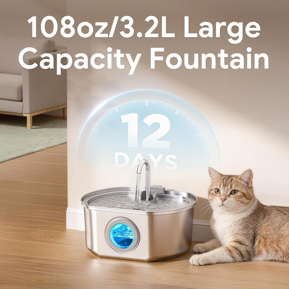 Cat Water Fountain Stainless Steel: 108oz/3.2L Cat Fountain for Drinking