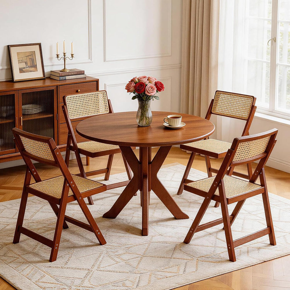 Rattan Dining Chairs Walnut Natural Resin Rattan Chair Foldable 4 Pack