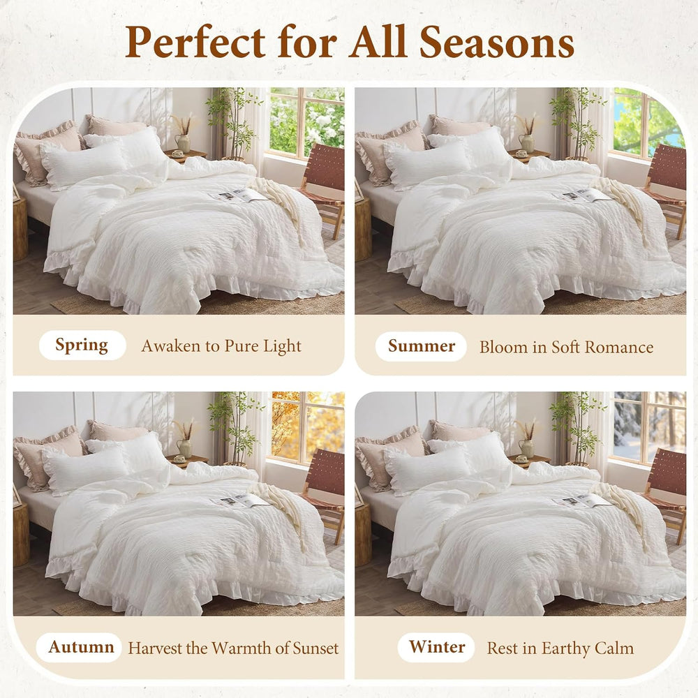 JOLLYVOGUE White Comforter Full Size, 3 Pieces Seersucker Lightweight Full Si...