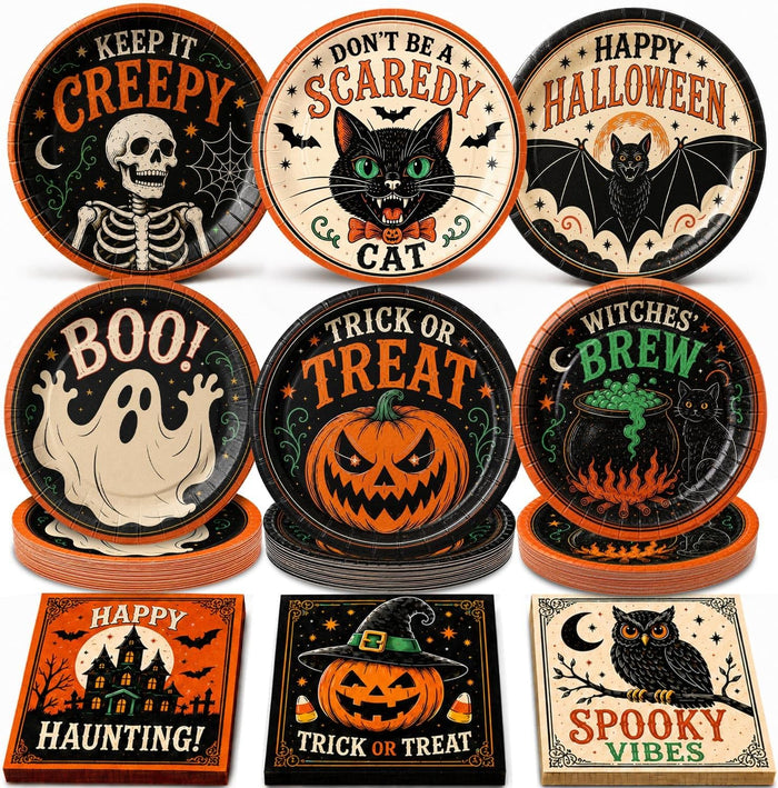 Oigco 60PCS Halloween Party Supplies, Vintage Halloween Plates and Napkins Set with 9-inch Dinner Plates, and Napkins for Halloween Birthday Party Decorations, Serves 30