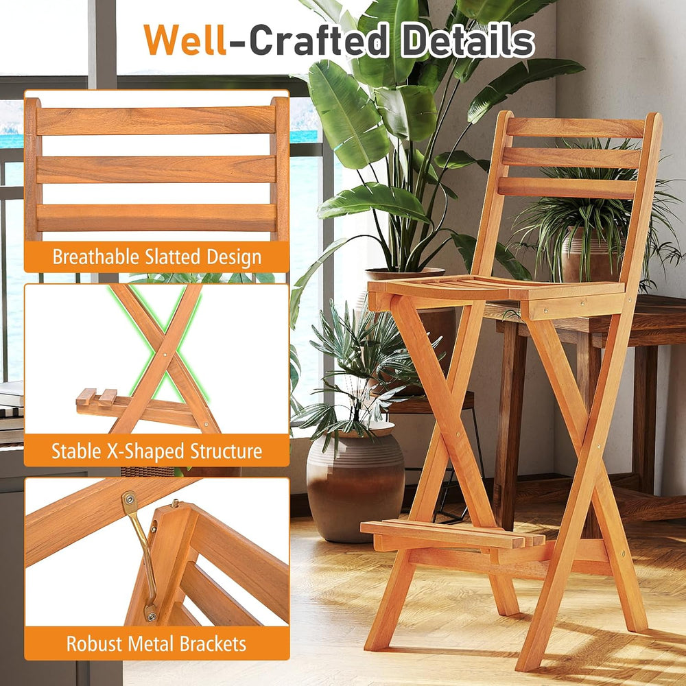Tangkula Patio Folding Barstool Set of 2, Outdoor Portable High Top Acacia Wo...