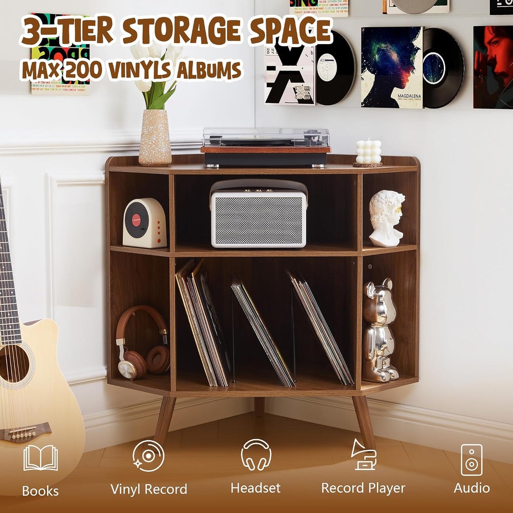 Corner Record Player Stand with Charging Station & USB Ports