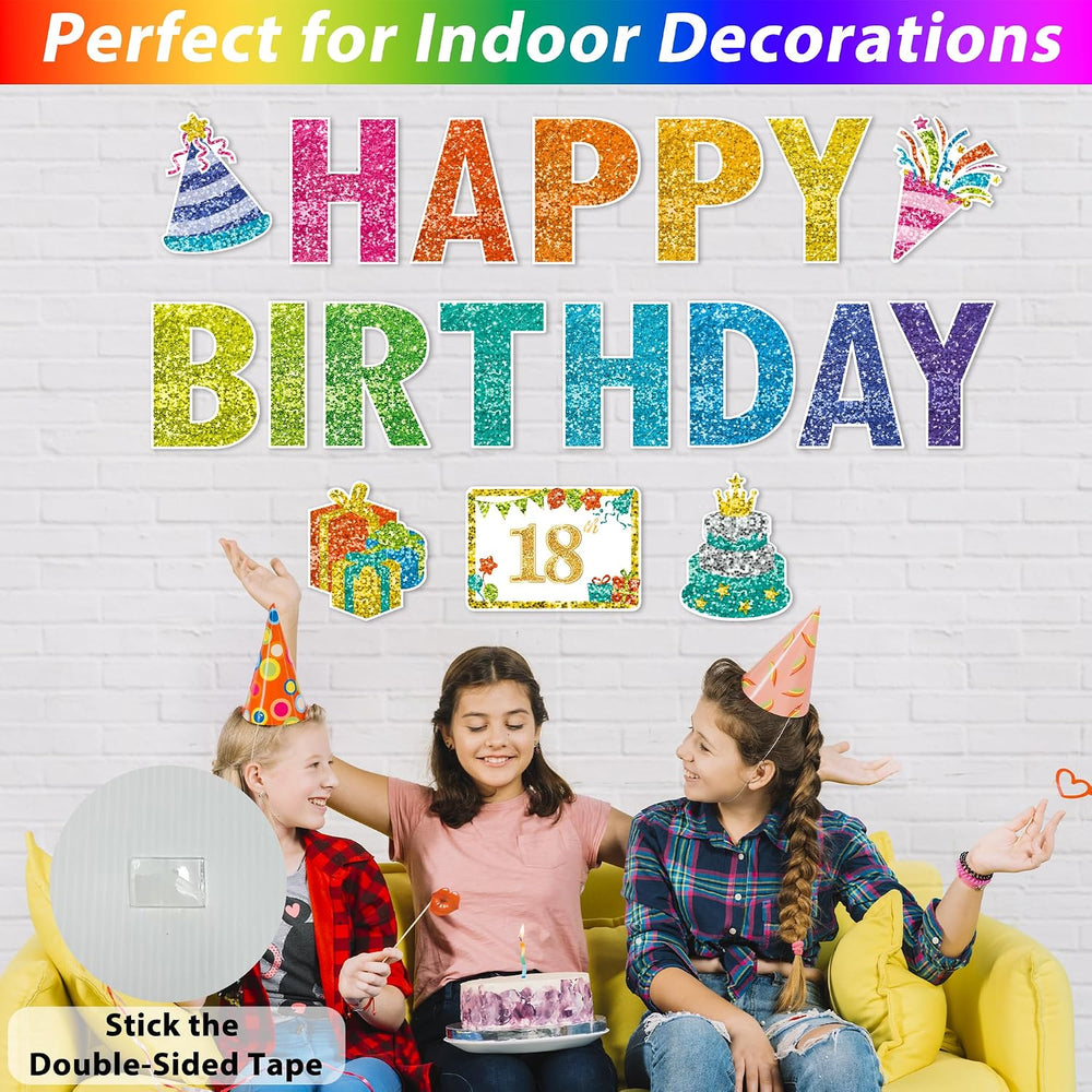 18 Pcs Happy Birthday Yard Sign with 49.2 ft Led Light, Large Rainbow Happy B...