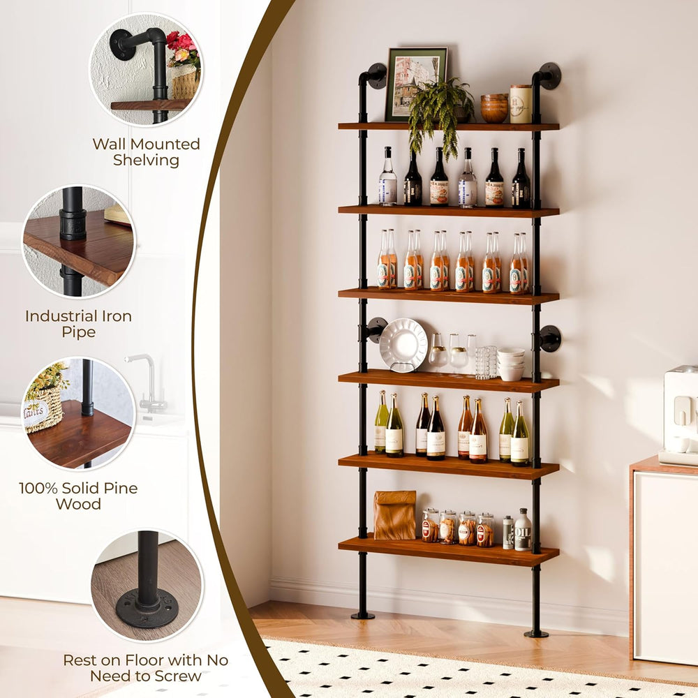 Industrial Pipe Bookshelf, Wall Mounted Shelf, 36 Inch, Walnut Brown
