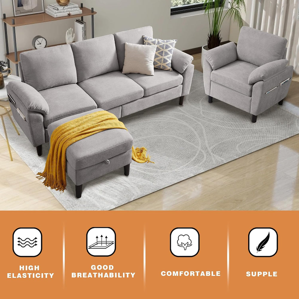 3 Piece Convertible Sectional Sofa Set, Modern Linen Small L Shaped Couch wit...