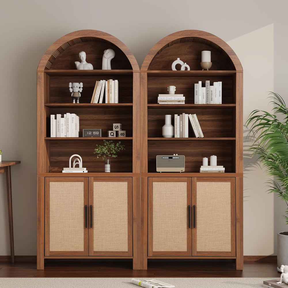 Janmer Home 71" Tall Boho Rattan Arched Bookcase with Doors,Walnut