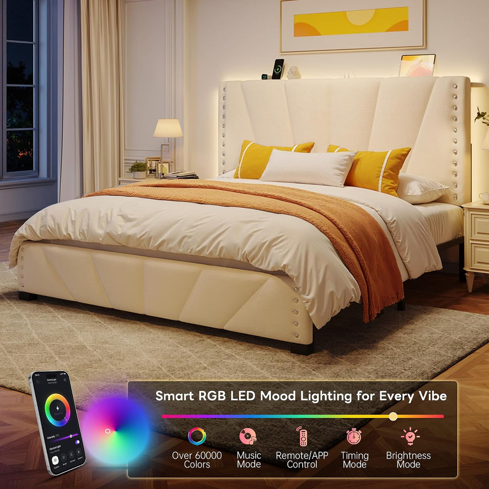 EnHomee Queen Bed Frame with LED Lights & USB, Noise-Free, Beige