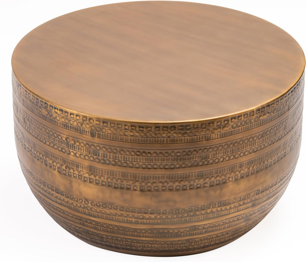 Albany Living Hammered Aluminum Drum Coffee Table, Brass Finish