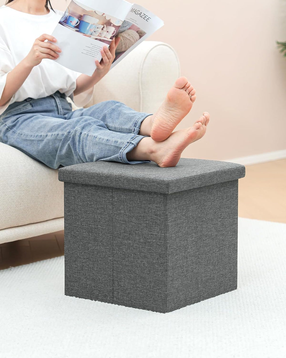 B FSOBEIIALEO Storage Ottoman with Tray, 16" Linen Small Ottomans Cube,Grey
