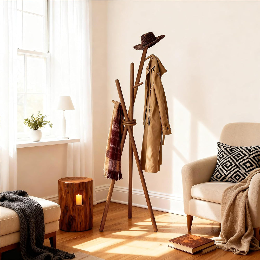 VICITON Wooden Coat Rack, Tripod Coat Tree Freestanding with 3 Hooks for Clot...