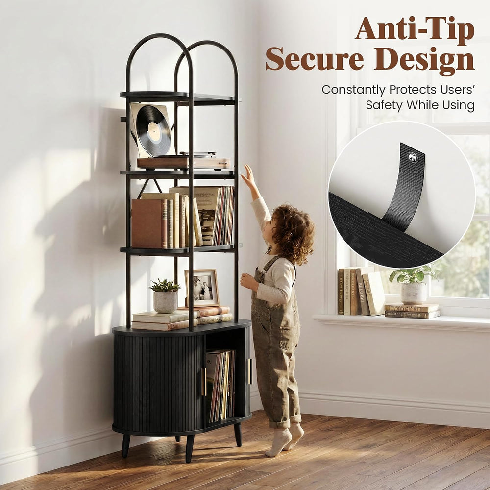 Tall Vinyl Record Player Stand with Sliding Doors, 4 Tier Shelf, Black