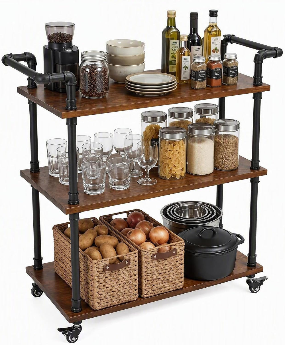 Industrial Pipe Bar Carts, Solid Wood Serving Carts, Rolling Kitchen Carts