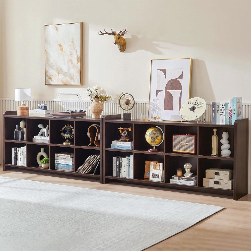 8 Cube Low Storage Organizer, 63" Long Horizontal Bookshelf, Dark Walnut
